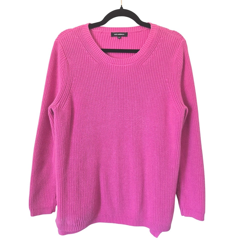 525 America Womens M Pink Ribbed Knit Cotton Crew Neck Sweater Side Slits